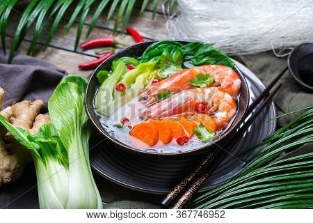 Food And Drink, Traditional Asian Cuisine. Spicy Bee Hoon, Bihun Soup With Shrimp, Prawn, Boy Choy A