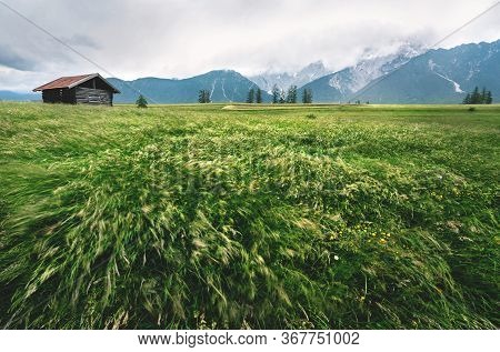 Wind Blowing Through High Grass And Flower Meadow With Motion Blur With A Wooden Hut Before A Storm 