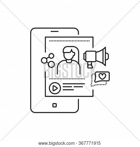 Blogger Black Line Icon. Social Media Information Sign. Content Promotion In Smartphone. Pictogram F