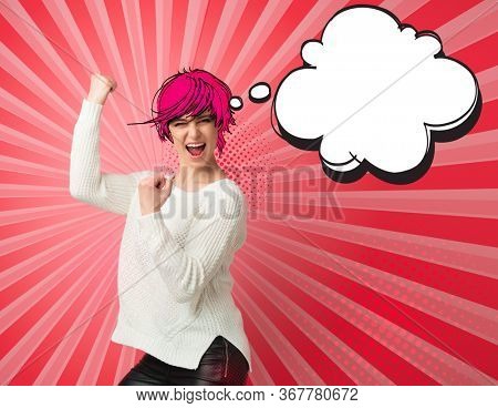Pop Art comic style, Beautiful young woman happy excited expressing winning gesture with speech bubbles and halftone dots design, creative collage. Successful, celebrating victory, triumphant concept