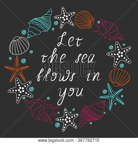 Background With Seashells, Round Frame Of Sea Shells, Stock Vector Illustration.