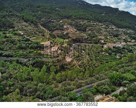 Drone Point Of View Aerial Photography Picturesque Landscape Hillside Houses Located In Banyalbufar 