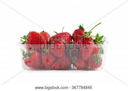 Heap Of Vivid Saturated Ripe Red Strawberries Laying In Big Plastic Transparent Container Box Isolat