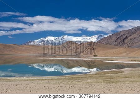 Mountains Reflection In Thatsang Karu Salt Water Lake Near Tso Moriri Lake In Rupshu Valley, Ladakh,