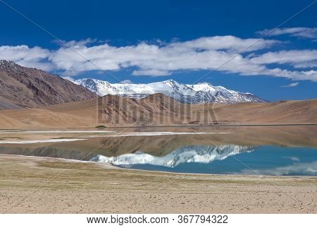 Mountains Reflection In Thatsang Karu Salt Water Lake Near Tso Moriri Lake In Rupshu Valley, Ladakh,