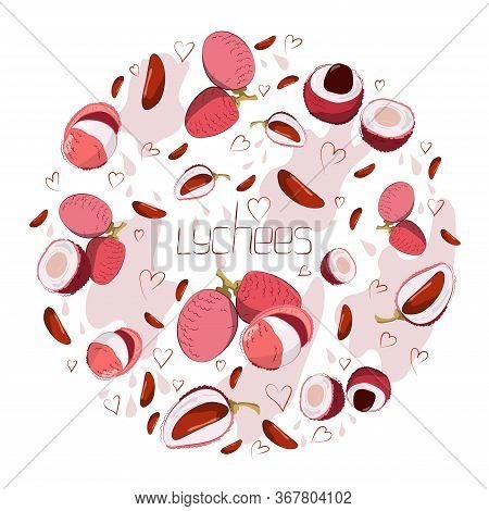 Bright Vector Set Of Colorful Half, Slice And Whole Of Juicy Lychees. Template For Summer Banner Des
