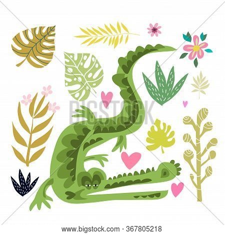 Beautiful Big  Set With Tropical Animals And Plants, Exotic  Flowers. Cute  Vector Elements In Flat 