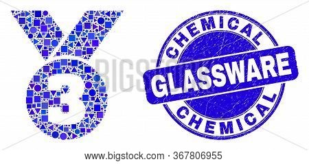 Geometric Third Medal Mosaic Icon And Chemical Glassware Seal. Blue Vector Rounded Distress Seal Wit