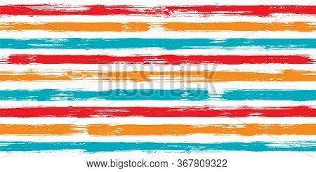 Vintage Watercolor Brush Stripes Seamless Pattern.  
Red Green Orange Paintbrush Lines Horizontal Se
