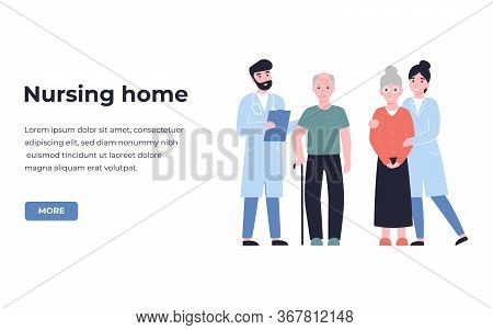 Nursing Home, Boarding House, Guesthouse Concept. Are And Treatment For The Elderly People. Flat Vec