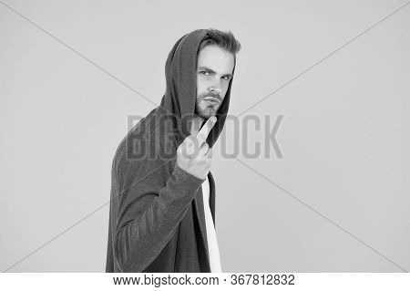 Rude And Bad. Rude Guy Show Middle Finger Yellow Background. Rude Hand Gesture. Sign Language. Rude 