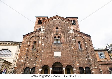 Milan. Italy - May 20, 2019: Church of San Sepolcro in Milan (Chiesa di San Sepolcro). Facade with Entrance Inside.