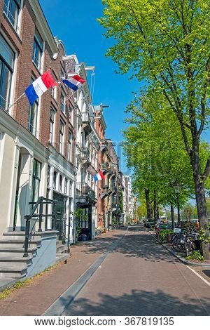 Medieval facades at the Prinsengracht in Amsterdam Netherlands at Kingsday