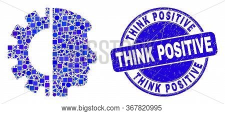 Geometric Head Gear Mosaic Pictogram And Think Positive Watermark. Blue Vector Round Distress Waterm