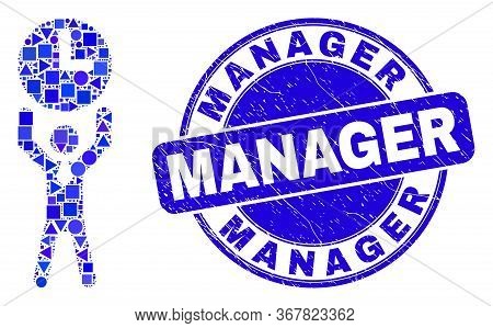 Geometric Time Manager Mosaic Icon And Manager Stamp. Blue Vector Round Scratched Seal Stamp With Ma