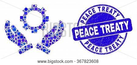 Geometric Gear Care Hands Mosaic Icon And Peace Treaty Stamp. Blue Vector Rounded Distress Stamp Wit