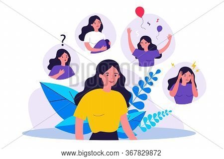 Woman Suffering From Mood Changes. Female Character Feeling Various Emotions, Celebrating, Crying, G