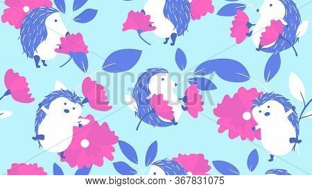Animal Seamless Pattern, Hand Drawn Cute Hedgehogs With Flowers And Leaves, Blue, White And Red Tone