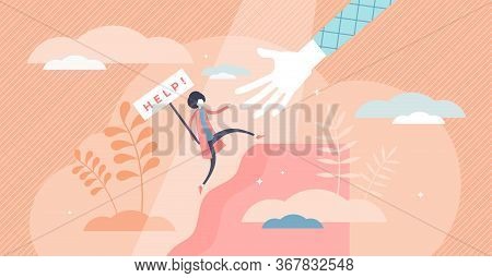 Female Help Vector Illustration. Woman Safety Care Flat Tiny Persons Concept. Symbolic Sign With Ask