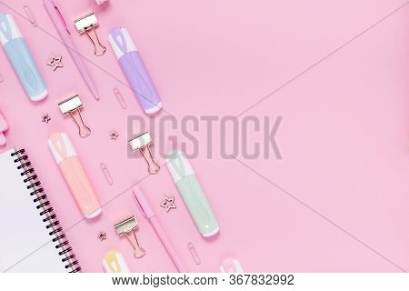 Back To School Concept Notepad, Pencil Case, Stationery And School Supplies. Top Horizontal View Cop