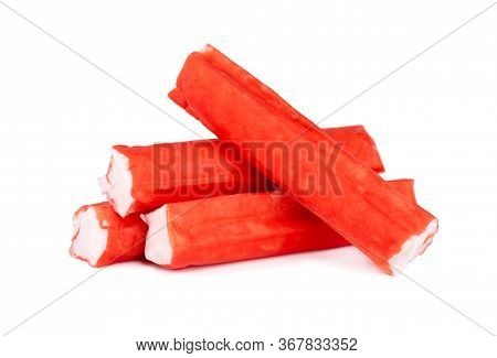 Crab Stick Isolated On White Background. Imitation Crab Meat. Fish Product.