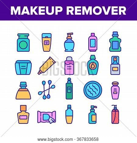 Makeup Remover Lotion Collection Icons Set Vector. Cosmetic Makeup Remover Cotton And Stick, Tube An