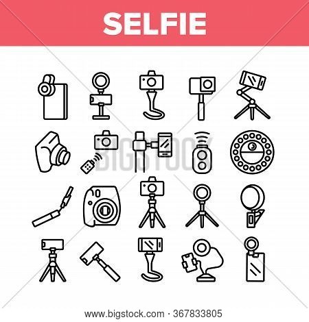 Selfie Photo Camera Collection Icons Set Vector. Selfie Stick And Tripod, Lens And Light Equipment, 