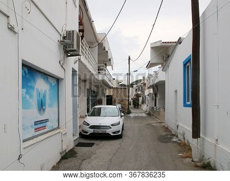 Afandou, Rhodes, Greece - May 20, 2020: Street In The Village Of Afandou, Rhodes, Greece