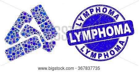 Geometric Medical Pills Mosaic Icon And Lymphoma Seal Stamp. Blue Vector Round Scratched Seal With L