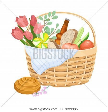 Wicker Picnic Basket Or Hamper Full With Foodstuff Vector Illustration