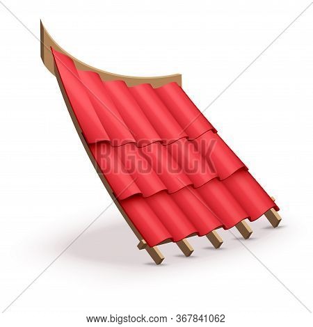 Ceramic Tiles Cover On The Roof. Cartoon Style. Demonstration Of Covering Materials. Vector Illustra