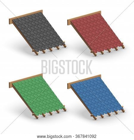 Set Of Shingles Roofing Cover On Roof. Element Concept For Building Construction And Repair. Vector 