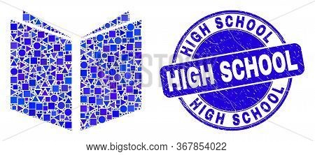 Geometric Open Book Mosaic Icon And High School Seal Stamp. Blue Vector Round Grunge Seal Stamp With