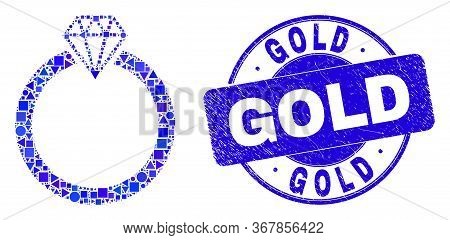 Geometric Jewelry Ring Mosaic Pictogram And Gold Stamp. Blue Vector Round Distress Stamp With Gold T