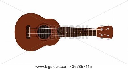 Ukulele Cute Isolated On White, Small Ukelele Dark Brown Color, Realistic Ukelele For Classical Musi
