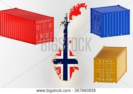 Norway Map Image With Flag. Freight Shipping In Containers. Export From The Country In Containers. 3
