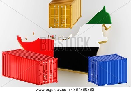 Uae Map Image With Flag. Freight Shipping In Containers. Export From The Country In Containers. 3d R