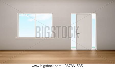 Hallway Interior With Window And Door With Glass Panels. Empty Modern Room Inside View. Home Design 