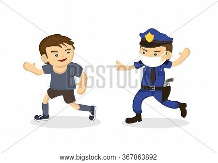 Policeman Chasing A Man Not Wearing A Mask. The Concept Of Mischief Rebellious Man During Covid-19. 