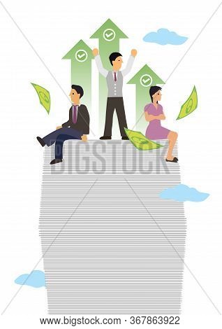 Businesspeople On Top Of Documents. Concept Of Successful Business, Company Profit Growth Or Investm