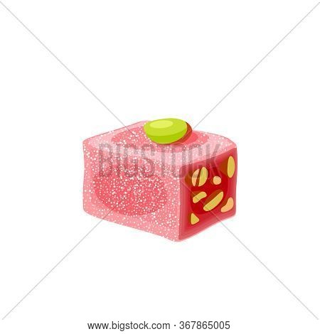 Turkish Delight, Lokum. Traditional Oriental Sweet Candy With Pistachio. Vector Illustration Cartoon