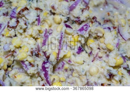 Raw Batate Vade, Batate Vadey, Fried Dhal Beans Cake Or Kuih Vadey Ingredients Closeup. Indian Tradi