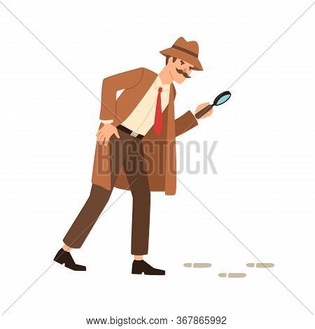 Private Detective Going On Trace Look Through Magnifying Glass Vector Flat Illustration. Inspector I