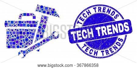 Geometric Toolbox Mosaic Icon And Tech Trends Watermark. Blue Vector Round Distress Watermark With T