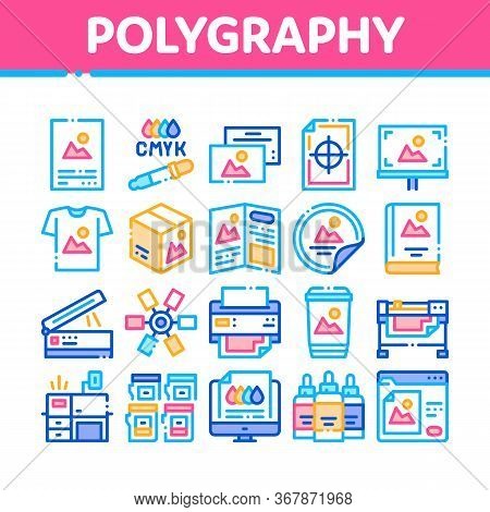 Polygraphy Printing Service Icons Set Vector. Polygraphy And Scanner Equipment And Ink, Paper List W