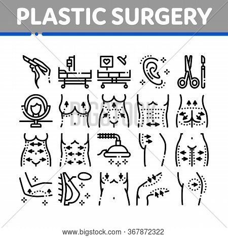 Plastic Surgery Clinic Collection Icons Set Vector. Scissors And Scalpel Doctor Instrument, Breast A