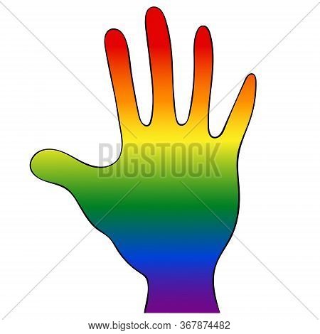 Palm With Lgbt Rainbow Flag Symbols. Vector Illustration. Hand On An Isolated White Background Conta