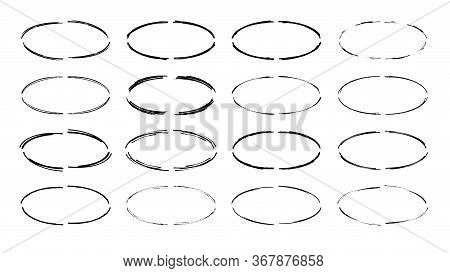 Set Of Black Oval Grunge Frames. Geometric Elipse Empty Borders Collection. Vector Illustration.