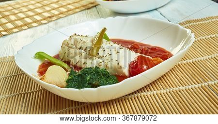 Herb  Garlic Baked Cod With Romesco Sauce