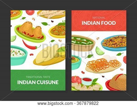 Indian Food Card Templates Set, National Cuisine Dishes, Takeaway Meal, Restaurant Or Cafe Design Ve